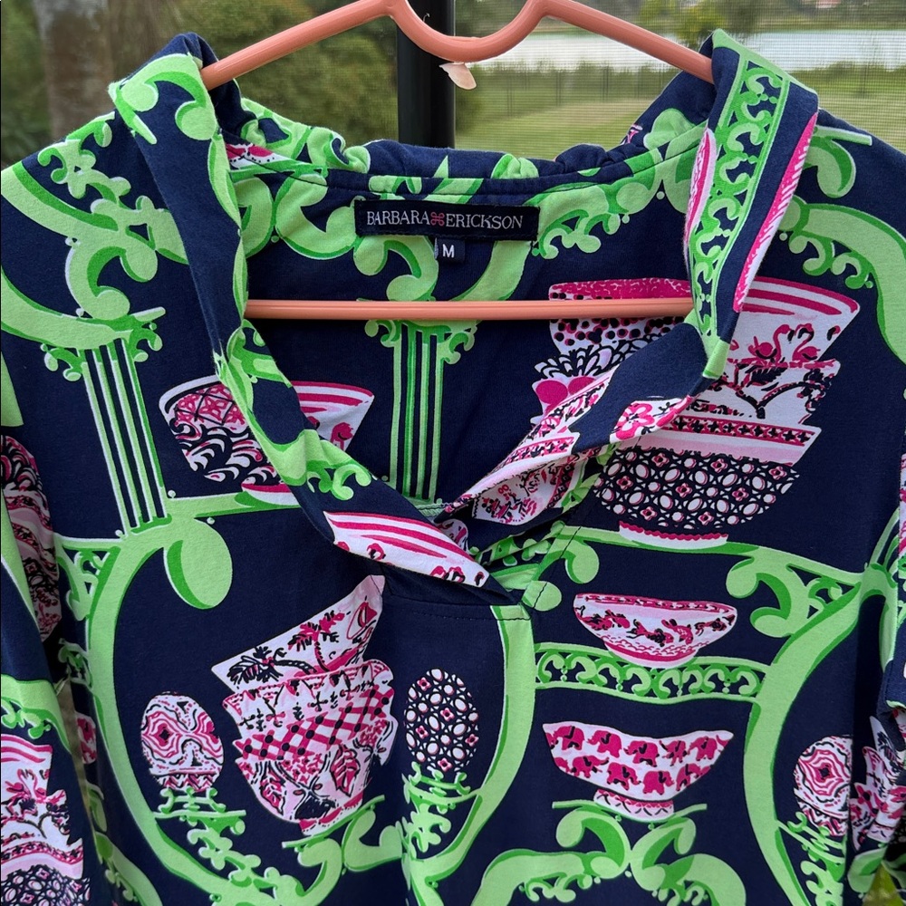 Barbara Erickson ruffle collar navy blue / green / pink Patterned Dress